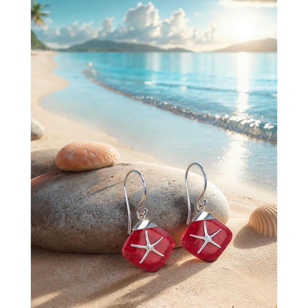 Boucles d'Oreilles Étoile de Mer en Corail Rouge serties en Argent 925 | Boutique ADEN
