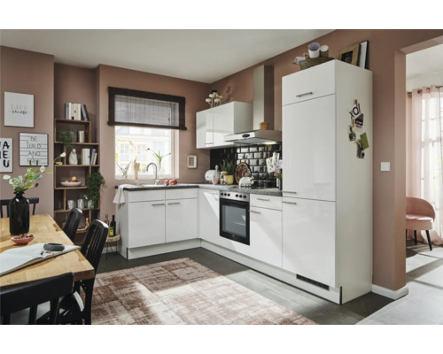 PICCANTE Plus hoekkeuken met Pearl apparatuur, 440 cm, wit hoogglans, voorgemonteerd, 2786232