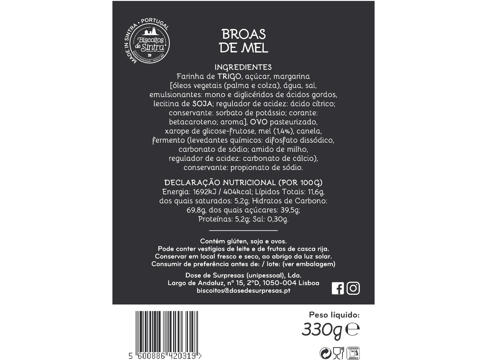 BROAS BISCOITOS DE SINTRA DE MEL 330GR