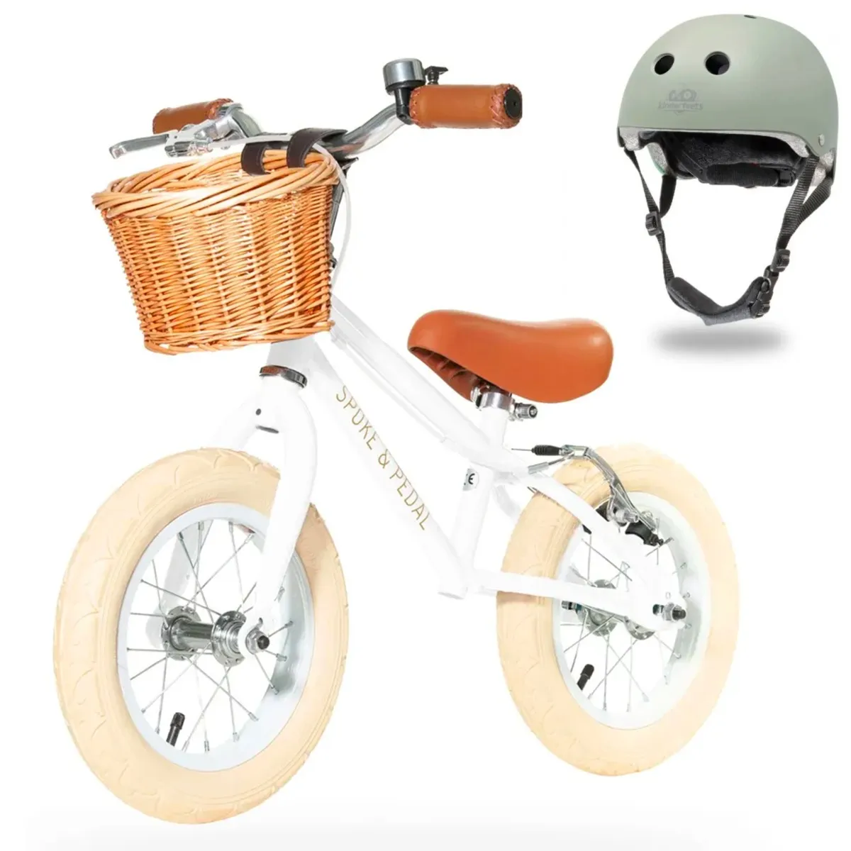 Spoke & Pedal Vélo d'Équilibre 12 Boulevard Blanc + Casque Vélo Kinderfeets 46 à 52cm Sauge
