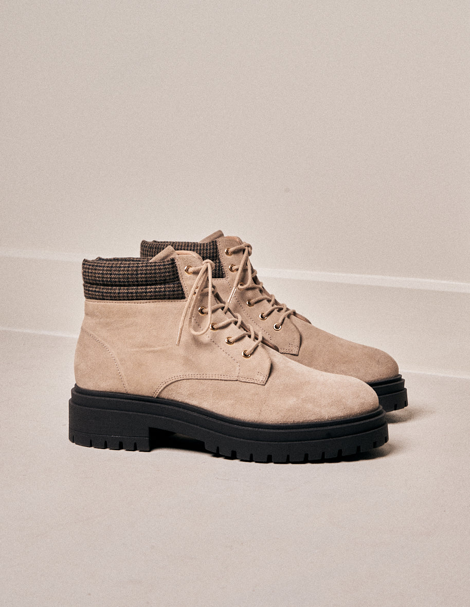 Bottines à lacets Lucette - Suède taupe et tweed