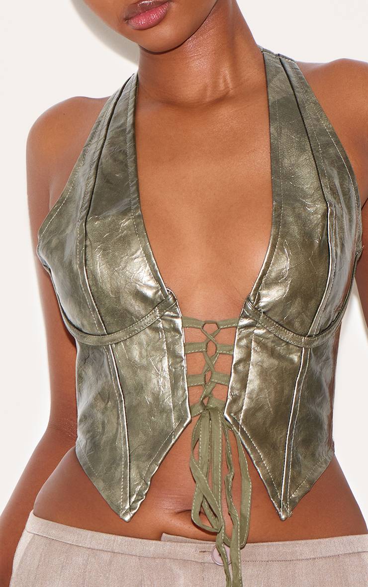 Vert Foncé Top Col Licou Plongeant À Laçage En Synthétiquecuir Effet Lavé