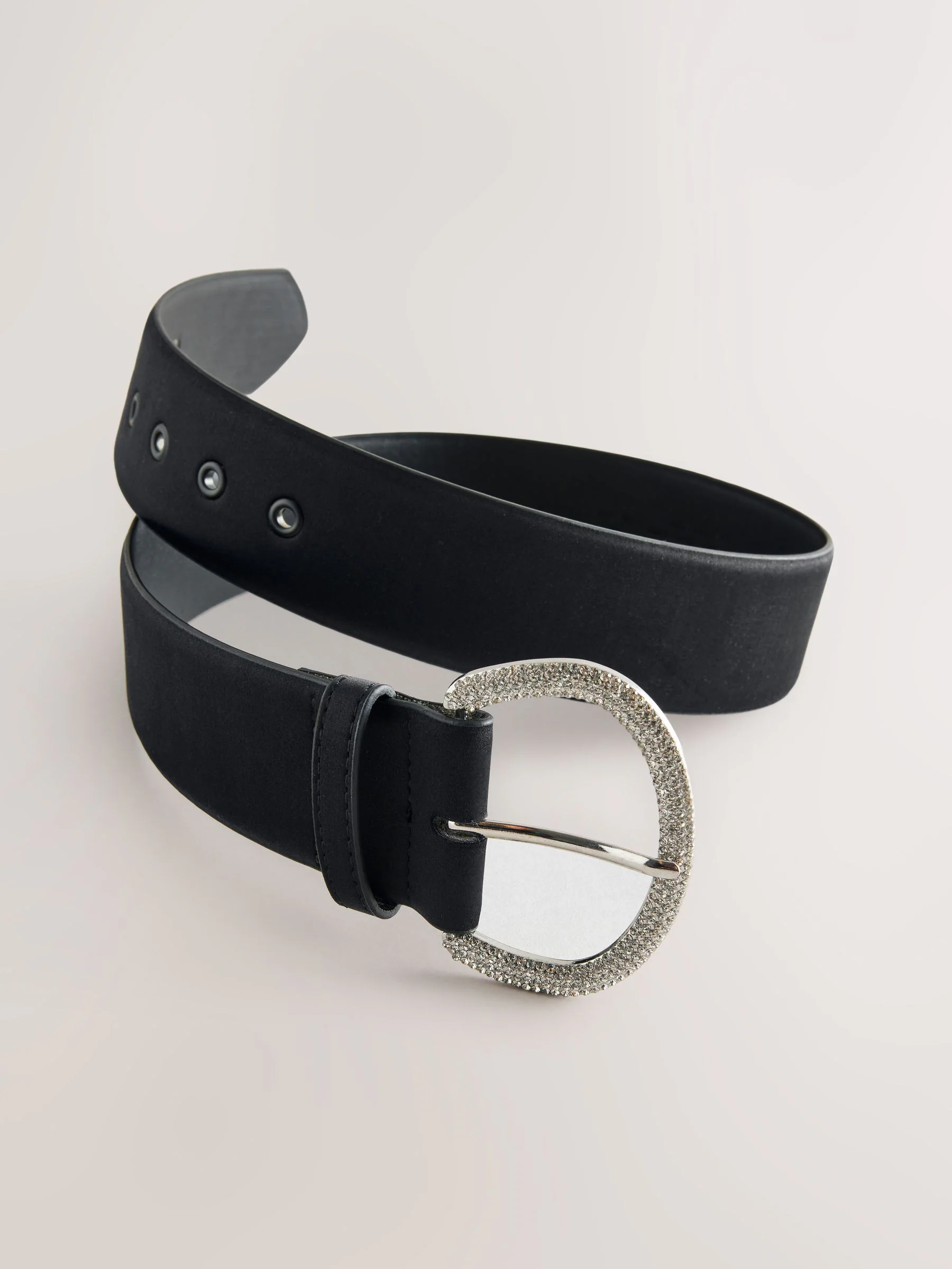 Zwart - Satin Belt with Diamante Buckle