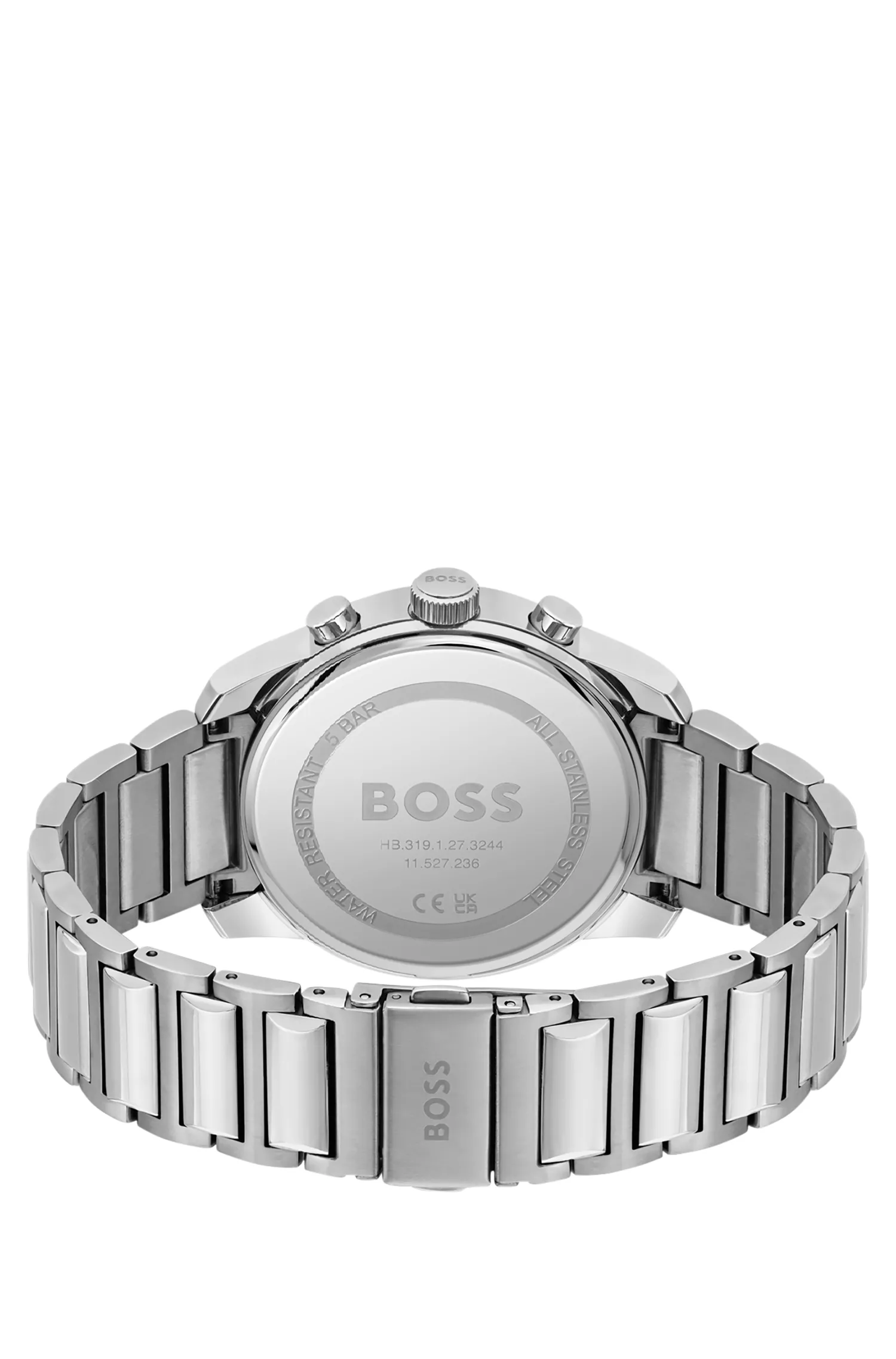 Relógio cronógrafo BOSS com pulseira de elos pretos e mostrador bordô.