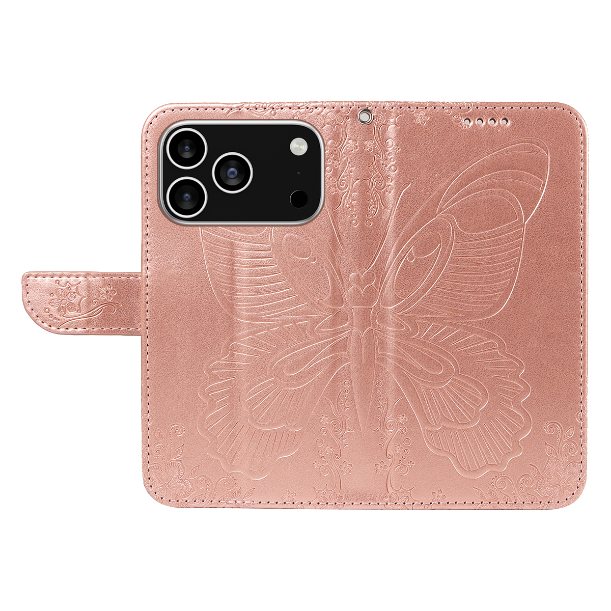 iPhone 17 Pro Leder Tasche Flip Cover Schmetterlinge Imprint - Roségold