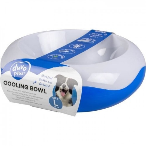 Comedouro e bebedouro refrigerado para cães EULIQUID, nas cores branca e azul.