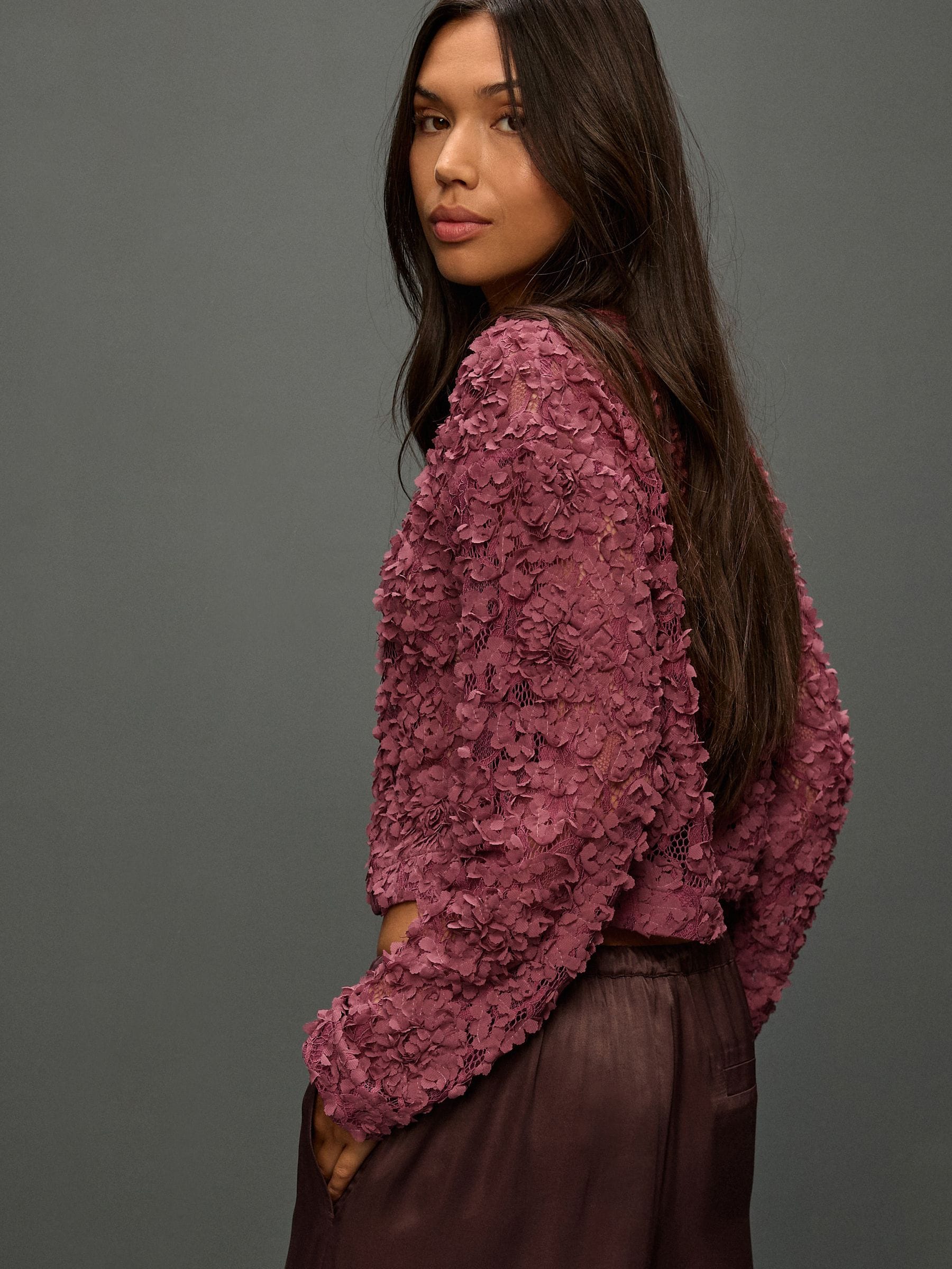 Mauve-paars - 3D Floral Long Sleeve Crew Neck Top