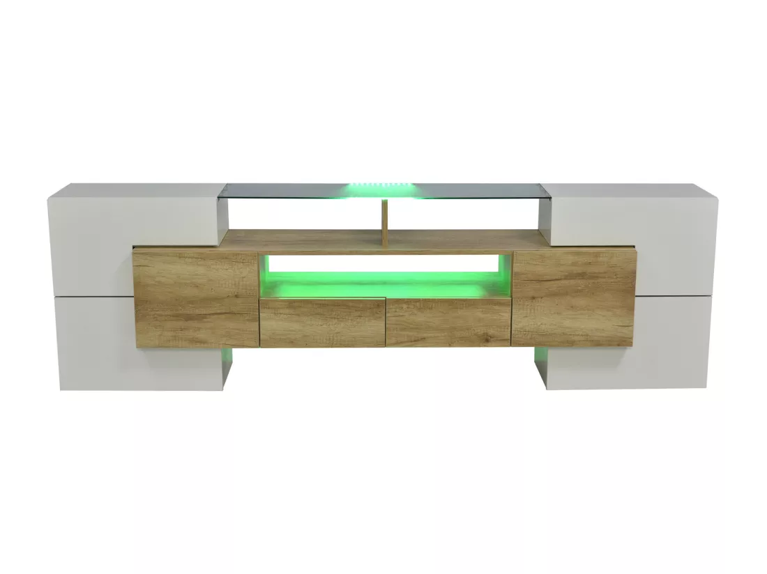 Meuble TV - 200x38x48cm LED brillant blanc et gris - finition verre - 6 portes de rangement 2 tiroirs 3 compartiments - coloris