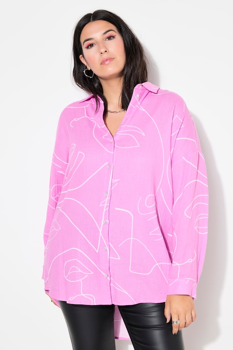 Hemdbluse, oversized, Musselin, Print, Langarm