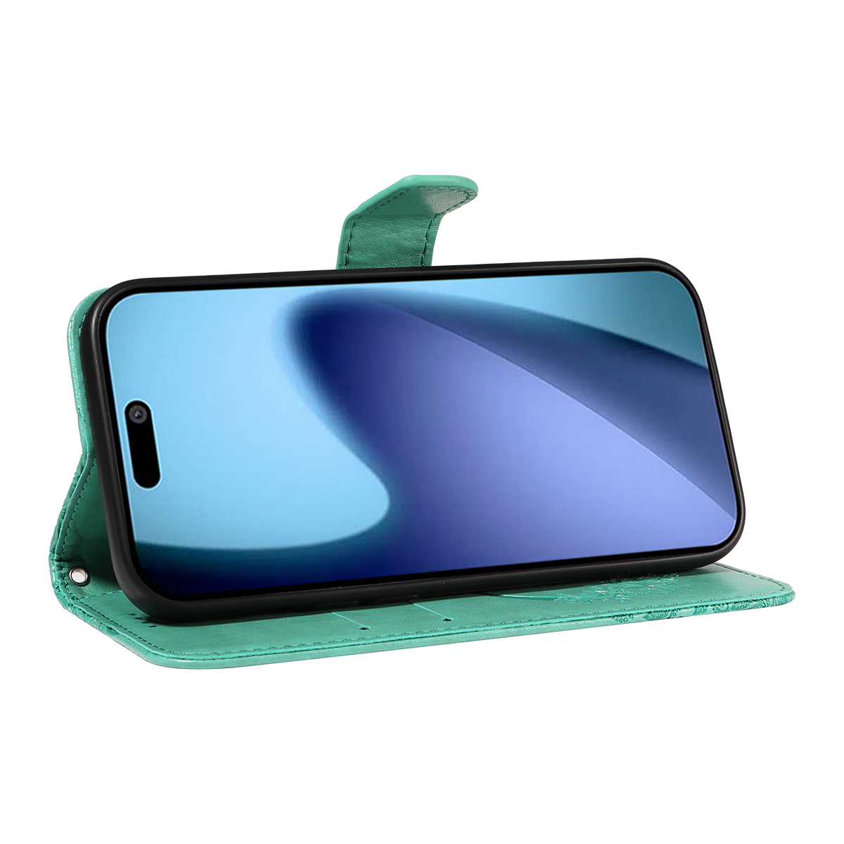 iPhone Air Leder Tasche Flip Cover Schmetterlinge Imprint - Türkis