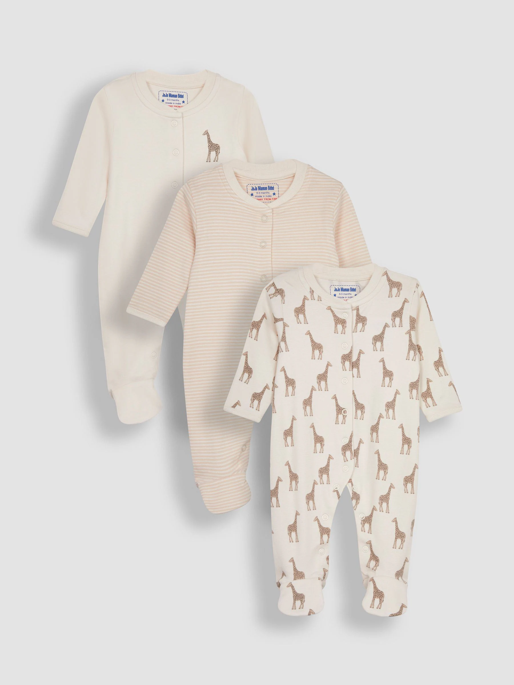 Naturel met giraf - JoJo Maman Bébé Cotton Footed Animal Print Sleepsuits 3-Pack