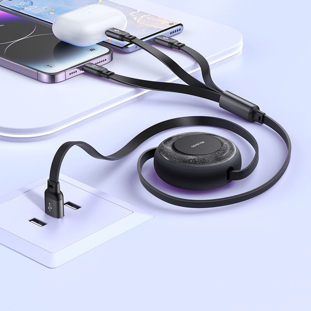 (1m) 3.5A 3in1 Ausziehbares USB A auf Lightning / Micro USB / USB C Ladekabel LED Leuchtendes Datenkabel - Schwarz