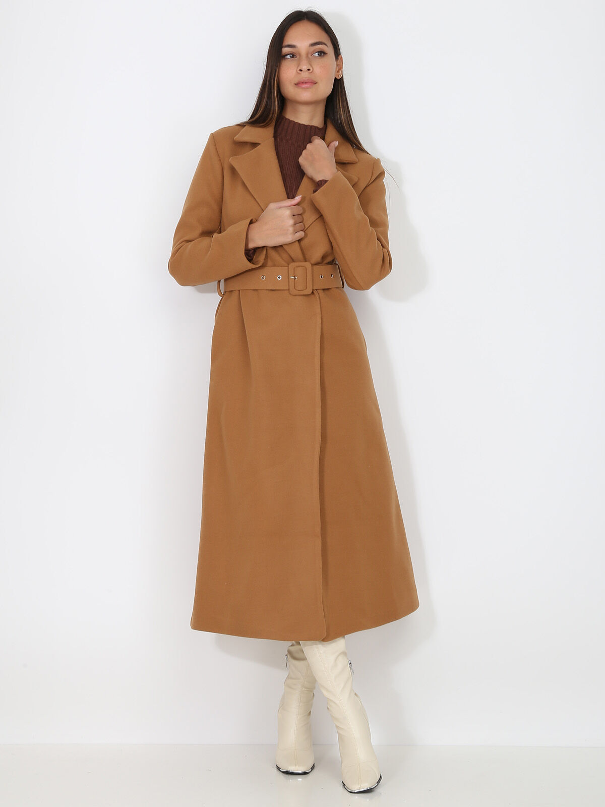 Manteau mi-long croisé et ceinturé- Camel