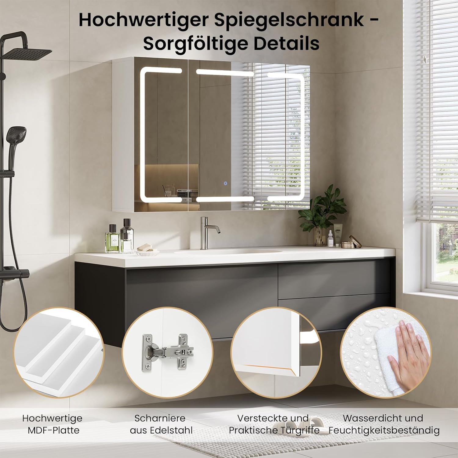 DICTAC Spiegelschrank Bad mit Beleuchtung und Steckdose Badezimmerschrank mit Spiegel und Verstellbarem Regal,Badschrank mit 3 Türen,Wandschrank,Hängeschrank,3 Farbtemperatur Dimmbare,80x60x16cm,Weiß