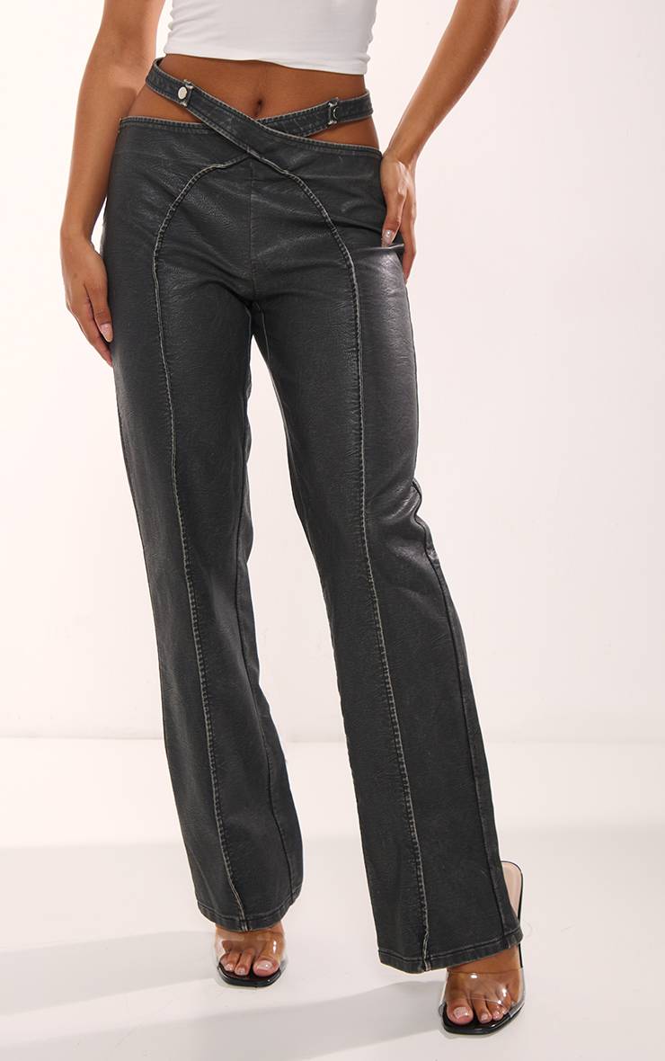 Pantalon À Pinces En Synthétiquecuir Délavé Avec Ceinture Ajourée