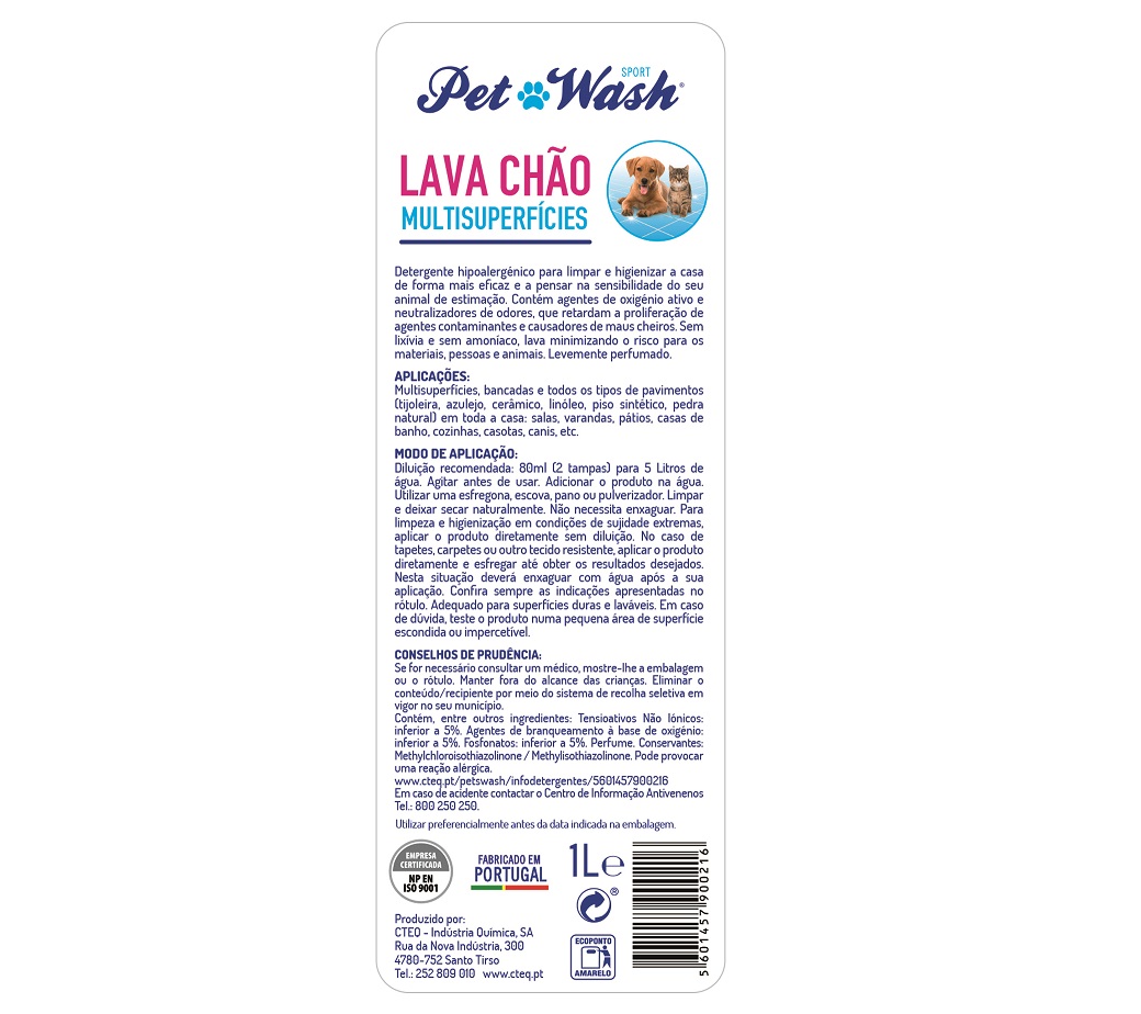 LAVA CHÃO MULTISUPERFÍCIES PET WASH P/CASAS COM ANIMAIS 1L