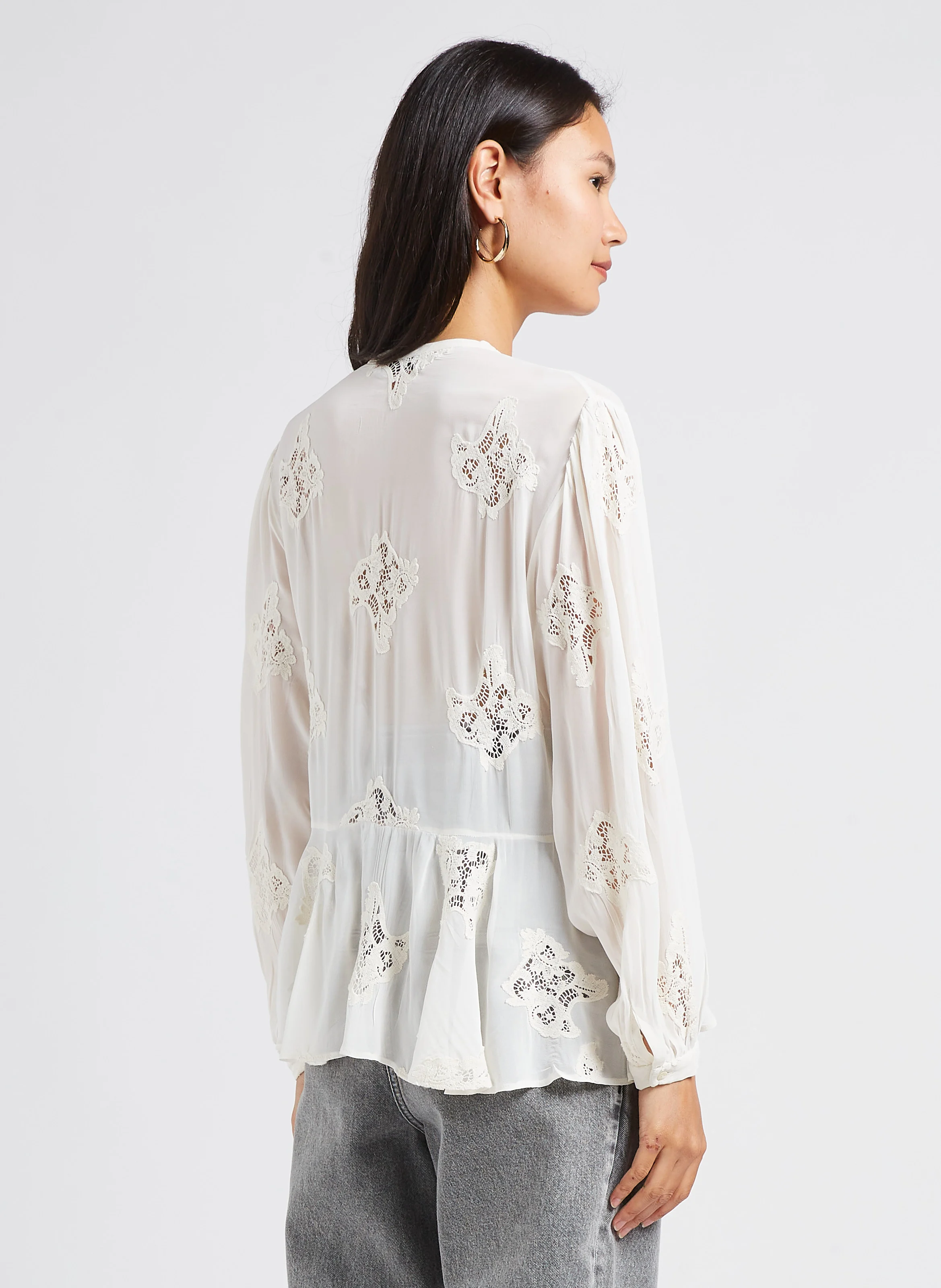 LALIA - Blouse col tunisien à broderie ajourées | Beige