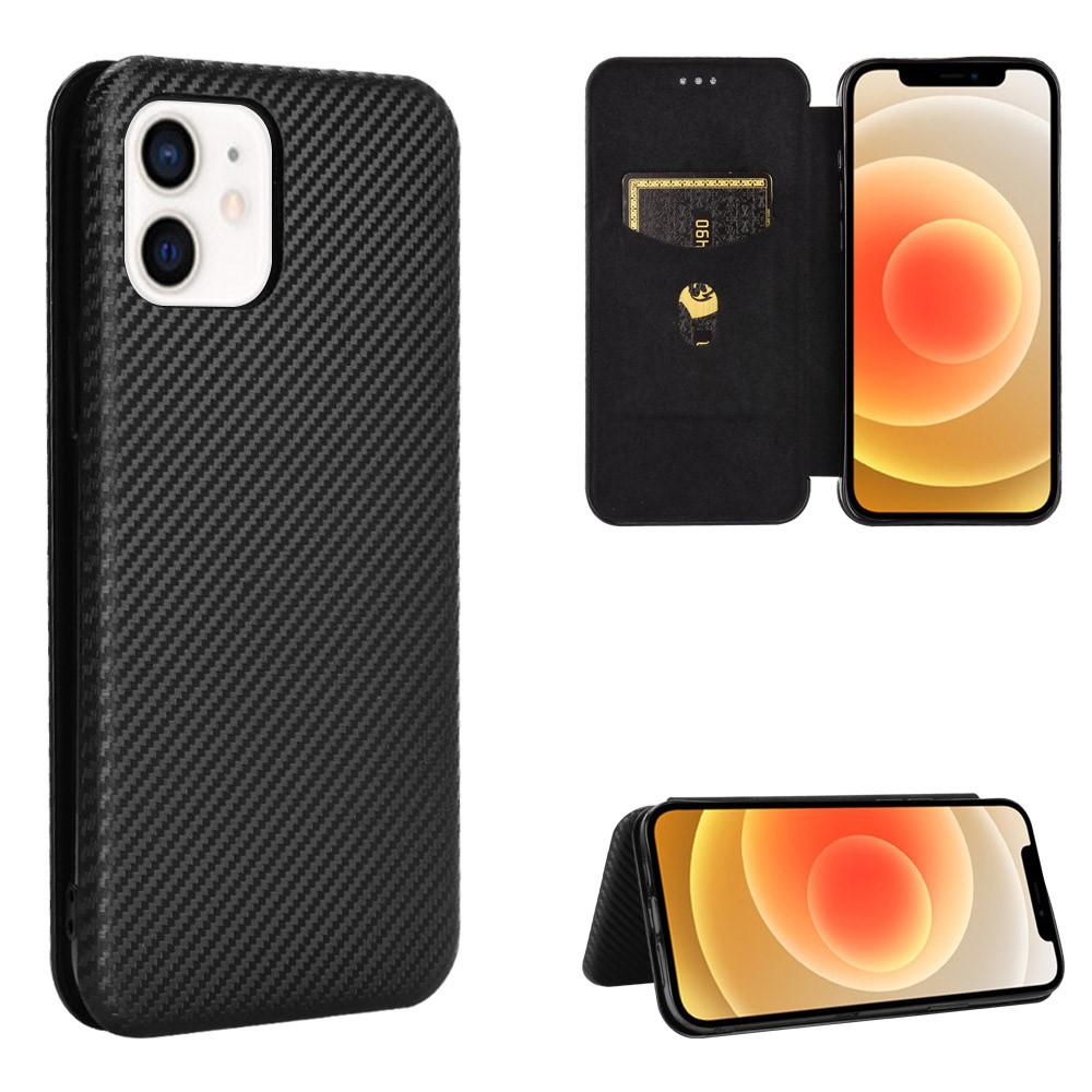 iPhone 13 Leder Tasche Flip Cover Carbon Look - Schwarz