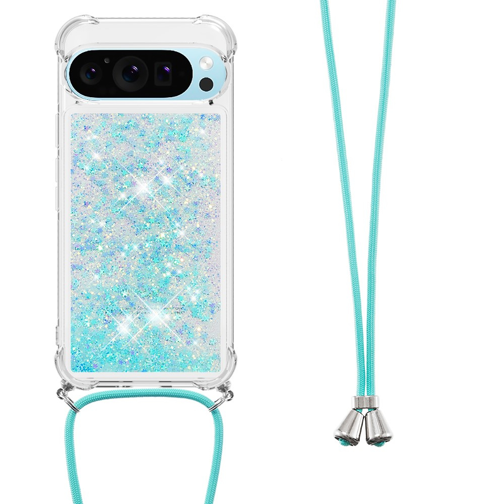 Google Pixel 9 / Pixel 9 Pro Necklace Gummi Hülle Liquid Glitzer   Handykette (130cm) - Hellblau