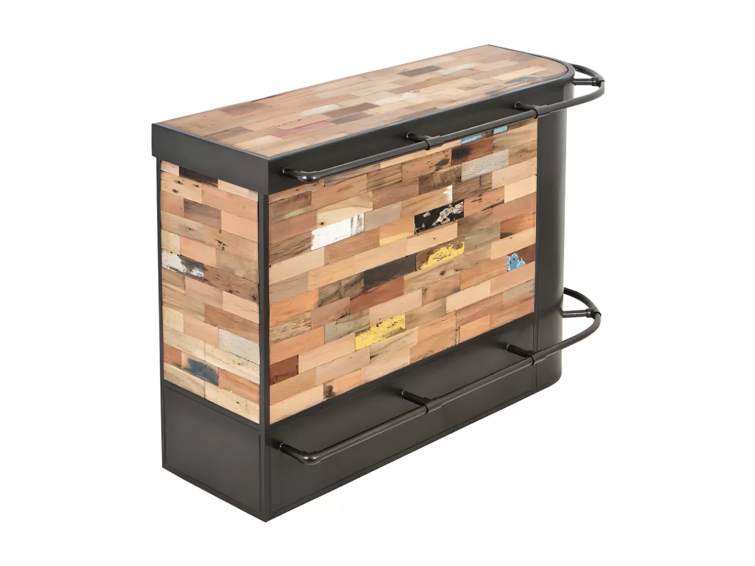 Nautical bar central angle droit en bois de bateau recyclé - Métal noir - Style industriel - L164