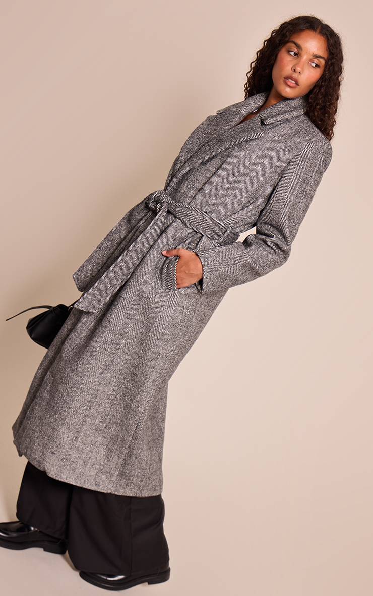 Gris Manteau Long À Chevrons Avec Ceinture À Nouer À La Taille