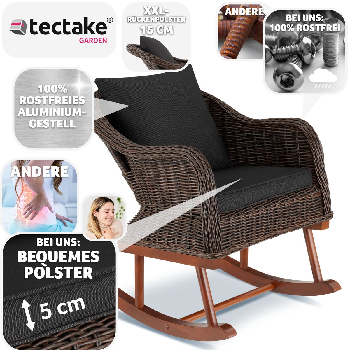 tectake Rovigo rotan schommelstoel, natuurlijk imitatieweefsel met aluminium frame, 57,5 x 85 x 73 cm