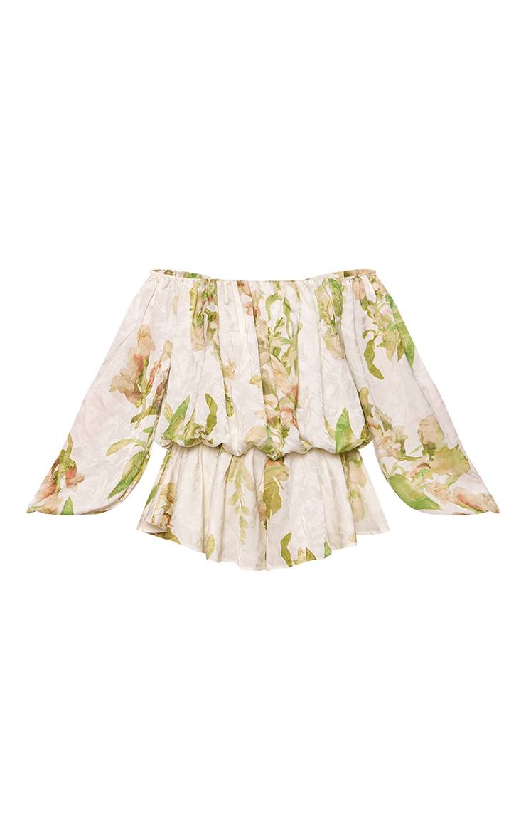 Crème Combi-short Fluide À Imprimé Floral Jacquard Satiné Et Encolure Bardot