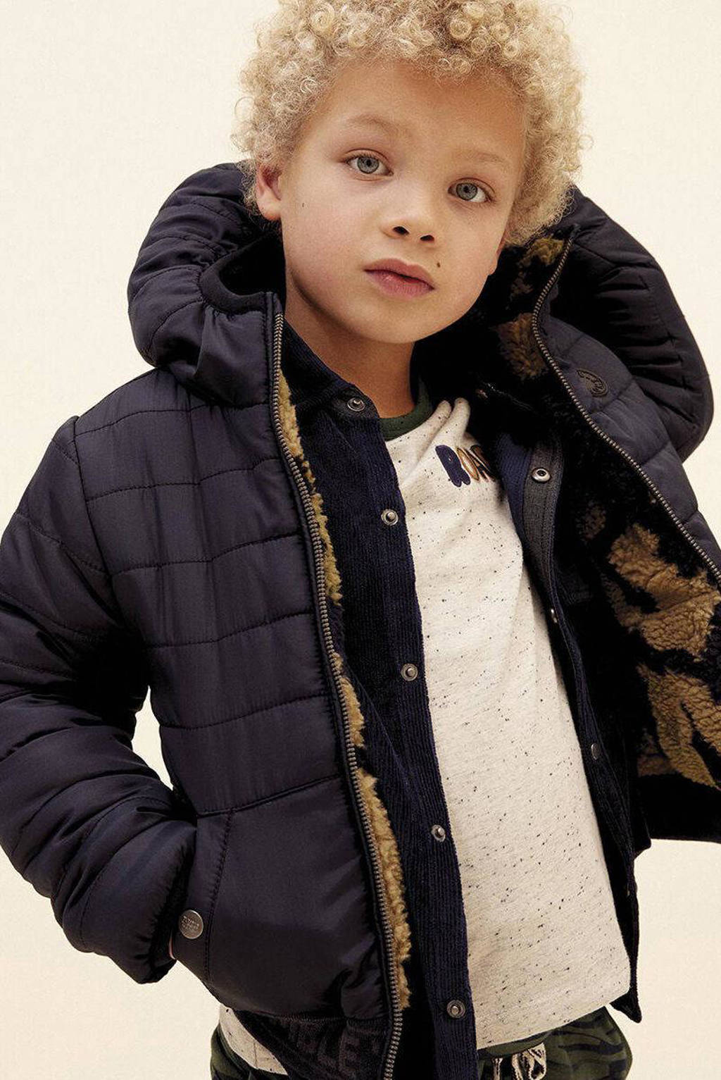 Perfectreversible gewatteerde winterjas Irvin met camouflageprint donkerblauw/groen
