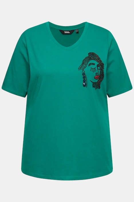 T-Shirt, Stickerei, Classic, V-Ausschnitt, Halbarm