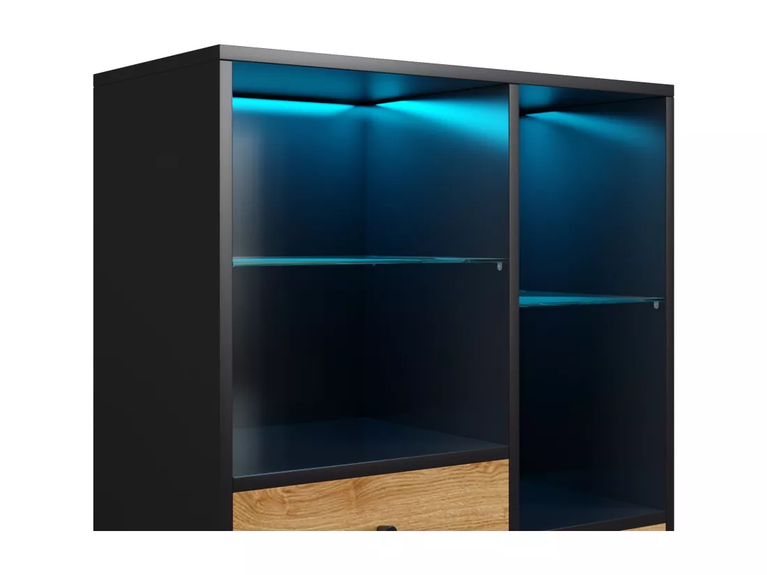 Buffet haut avec LED - 1 porte + 2 tiroirs + 6 compartimentd - Naturel + Noir