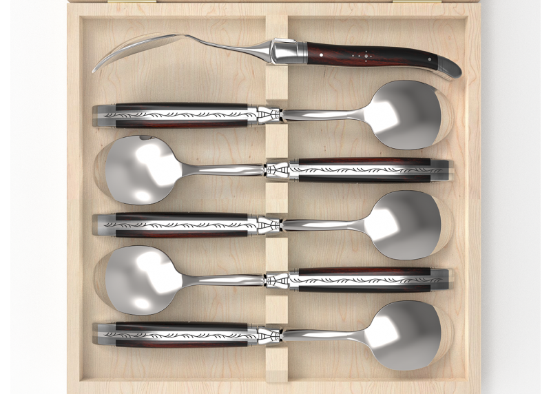 Service de 6 petites cuillères Laguiole avec un manche en bois de fer et mitres en acier inoxydable