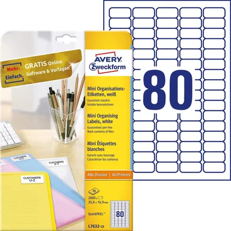 Avery Zweckform L7632-25 Mini-Organisations-Etiketten,A4 35,6 x 16,9 mm, 25 Bogen/2.000 Etiketten, weiß