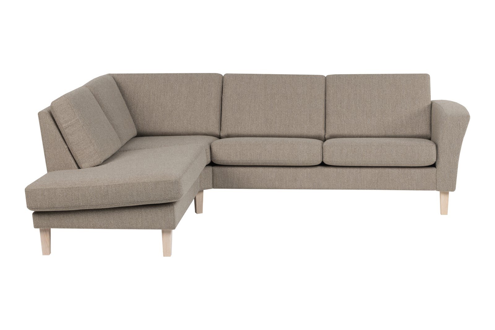 Slogen hjørnesofa Oppsett AV. 2,5-seter med åpen ende venstre. Tekstil Viva Earth med standard ryggpute. Vange A og hvitpigmentert ben 178.