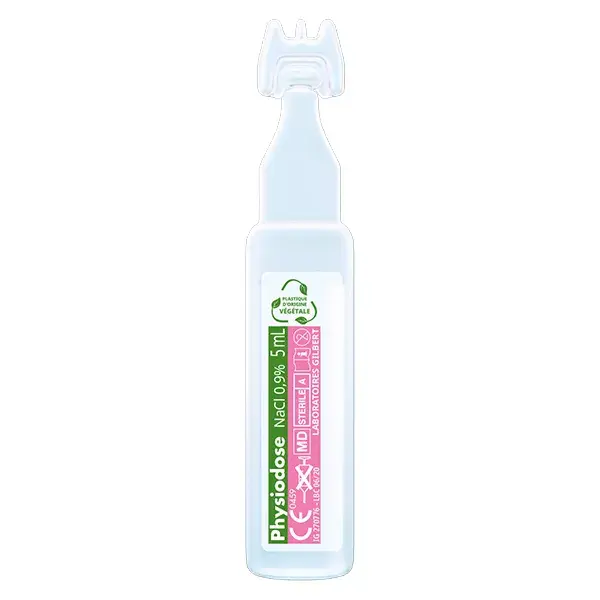 Soro fisiológico estéril Physiodose da Gilbert Laboratories em frasco plástico vegetal, 40 x 5 ml