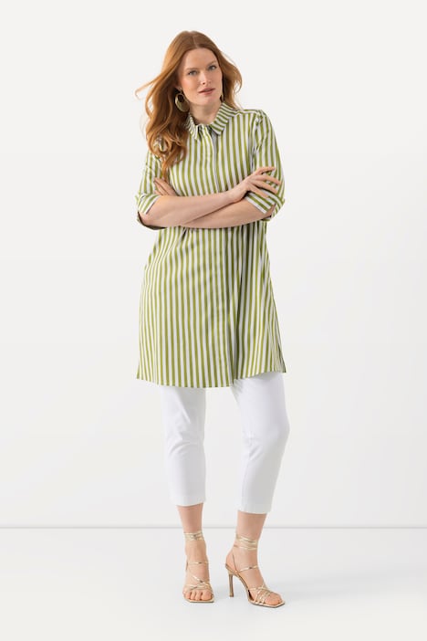 Longbluse, Streifen, A-Linie, Hemdkragen, 3/4-Arm