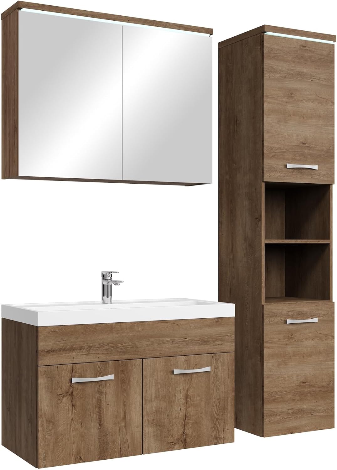Badplaats B.V. Badezimmer Badmöbel Set Paso LED 80cm Waschbecken Braun Eiche - Unterschrank Hochschrank Waschbecken Spiegelschrank
