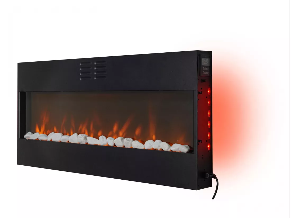 Cheminée électrique panoramique avec éclairage LED d'ambiance et panneau frontal blanc