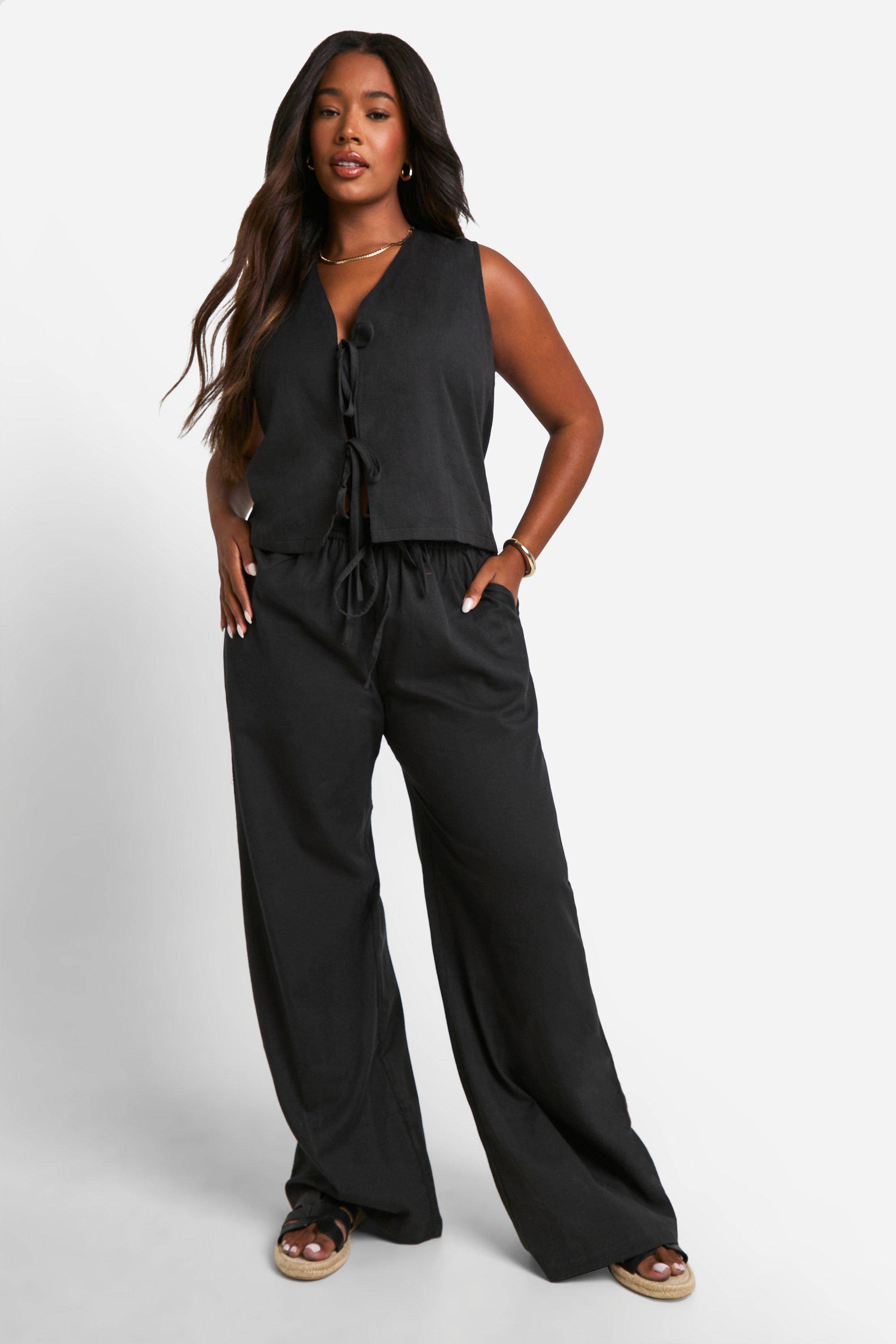 boohoo Plus crop court effet lin en taille plus à nouer à l'avant & Pantalon à jambes larges