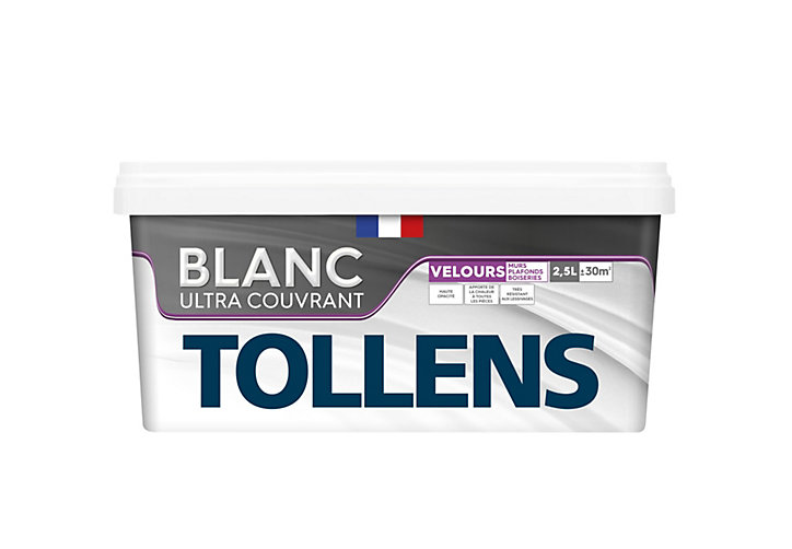 Peinture Tollens ultra couvrant murs, plafonds et boiseries velours blanc 2,5L
