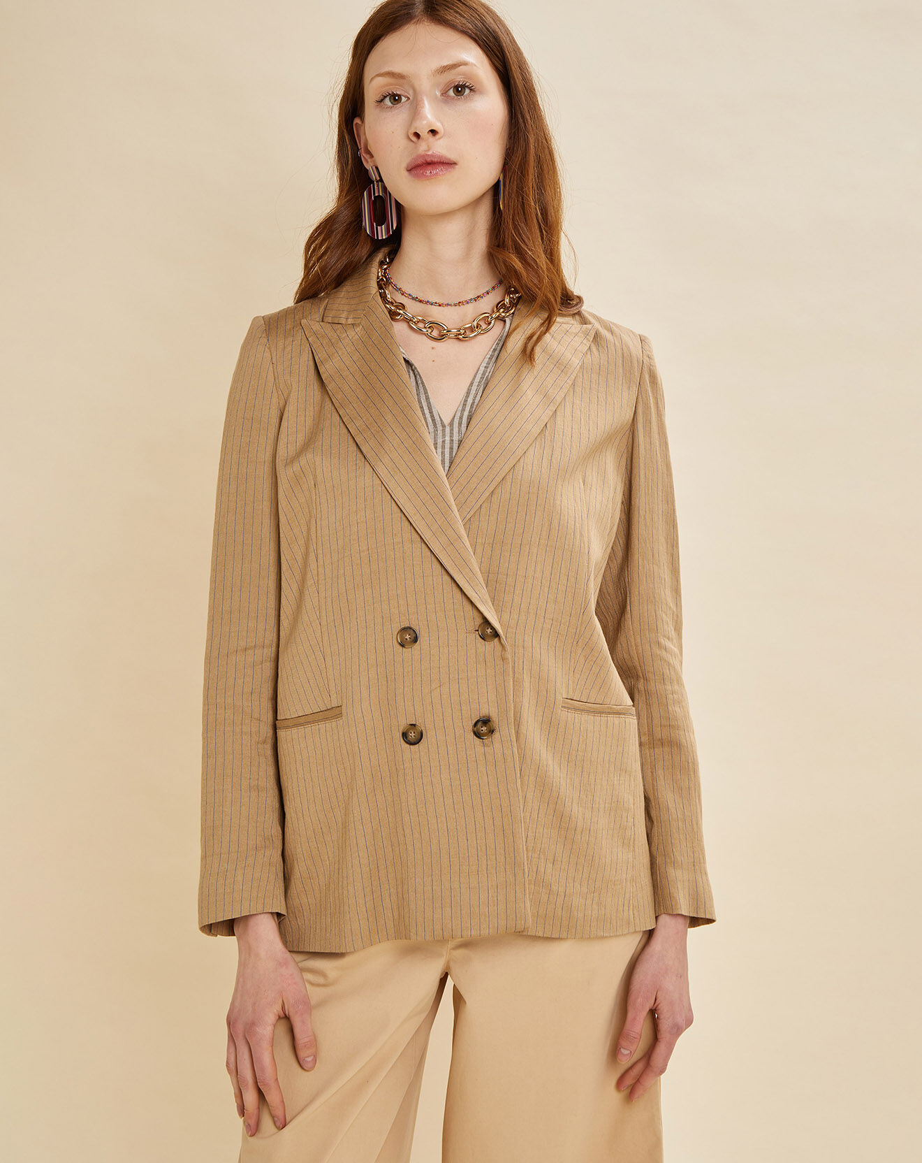 Chloé Stora Veste en Lin mélangé Vienne rayée beige