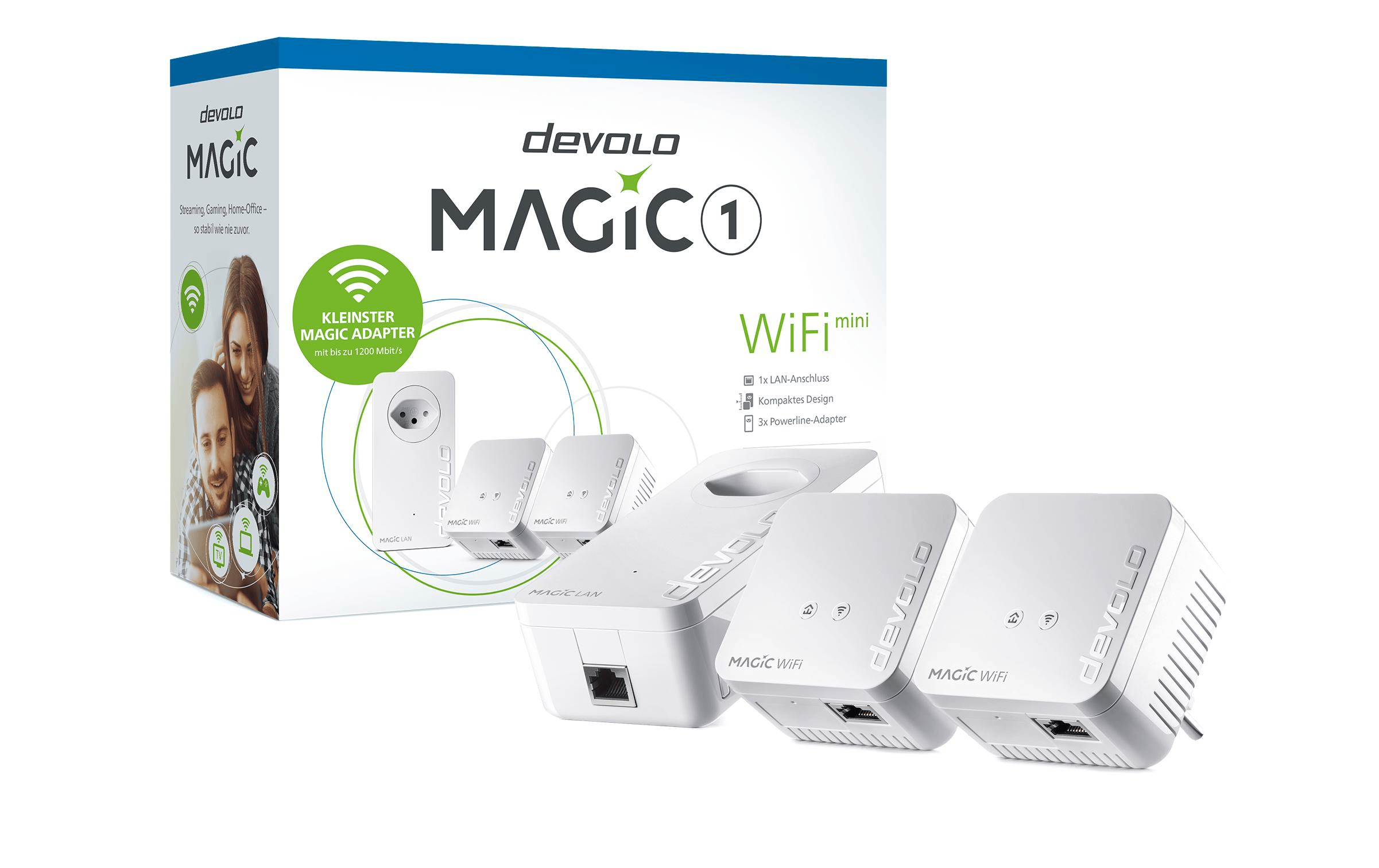 (3-tlg. Set) (1200Mbit/s) Magic 1 WiFi mini Multiroom Kit Gigabit WLAN Erweiterung Powerline Adapter mit Steckdose und 3x RJ45 (8573) - Weiss