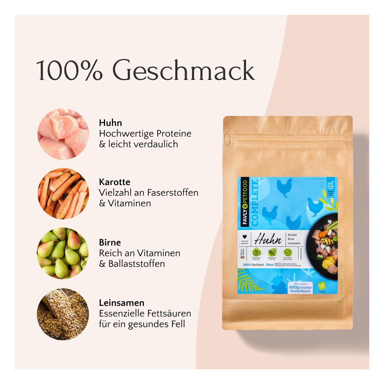 FAVLY Petfood Trockenfutter Huhn mit Karotte, Birne & Leinsamen (adult) 3 kg