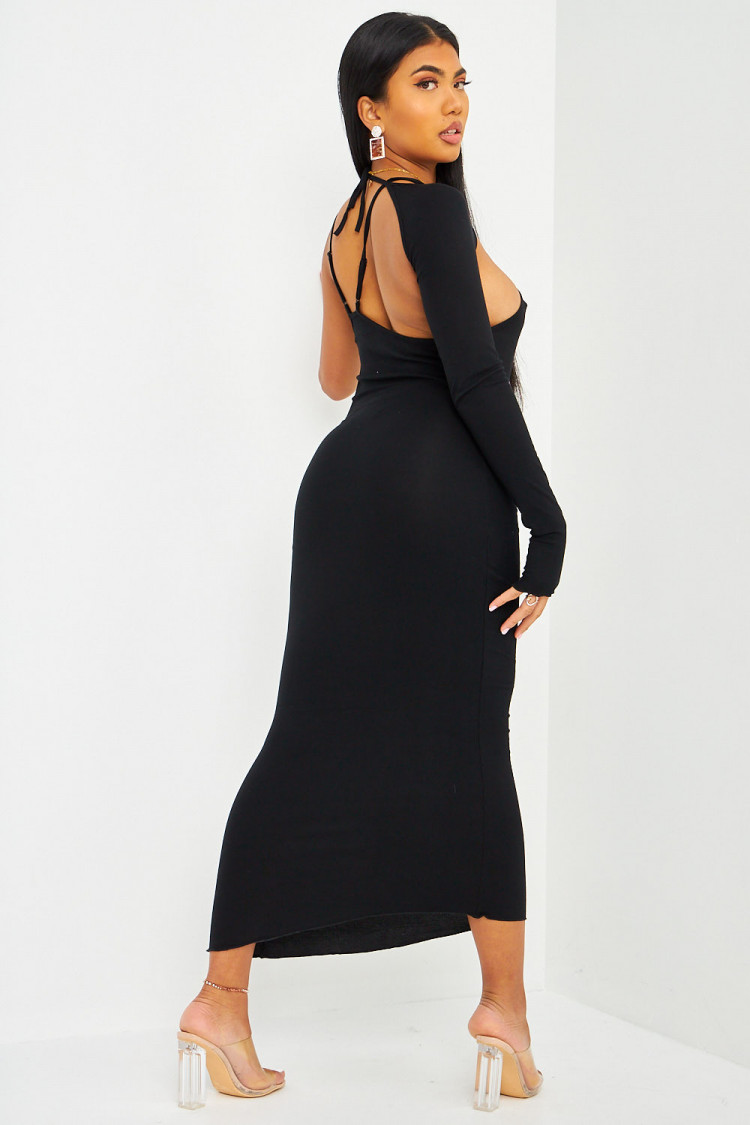 Robe asymétrique mi longue noire à manche mitaine amovible