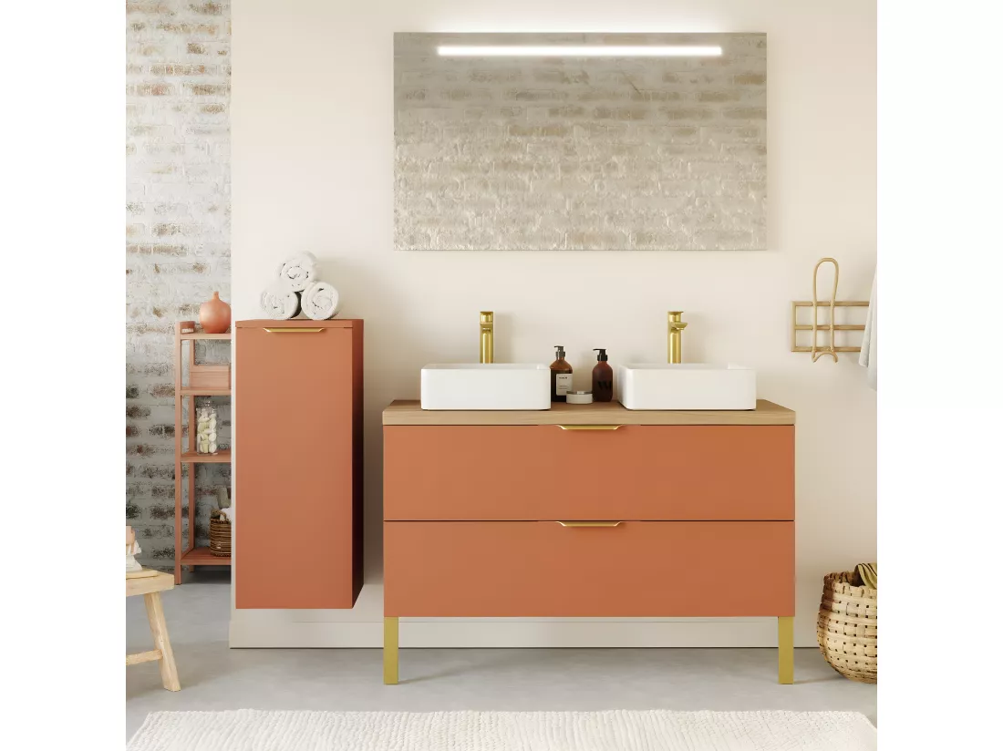 Meuble de salle de bain suspendu 2 vasques à poser 120cm 2 tiroirs Terracotta - Venice