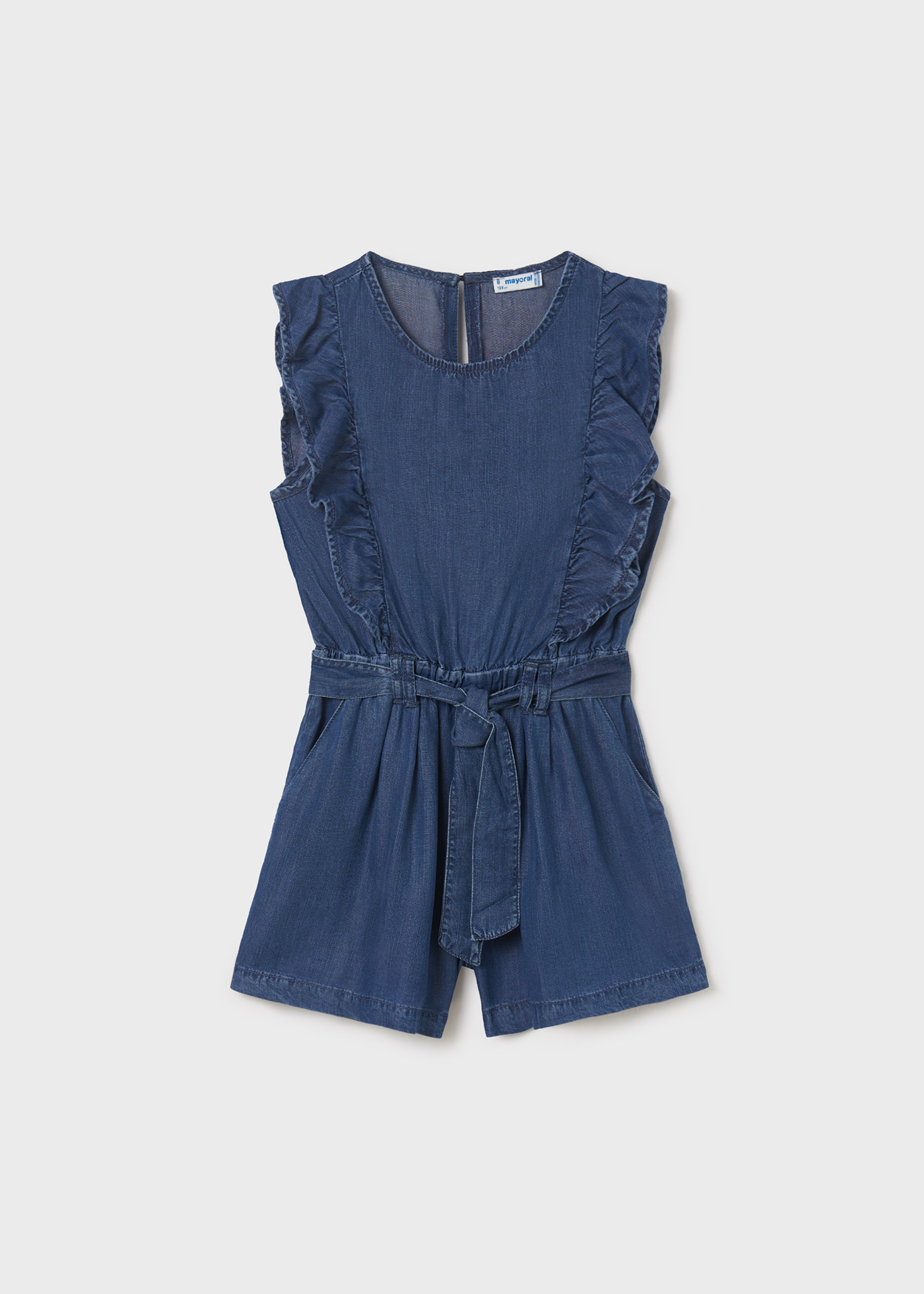 Macacão jeans infantil com babados em TENCEL™ Lyocell