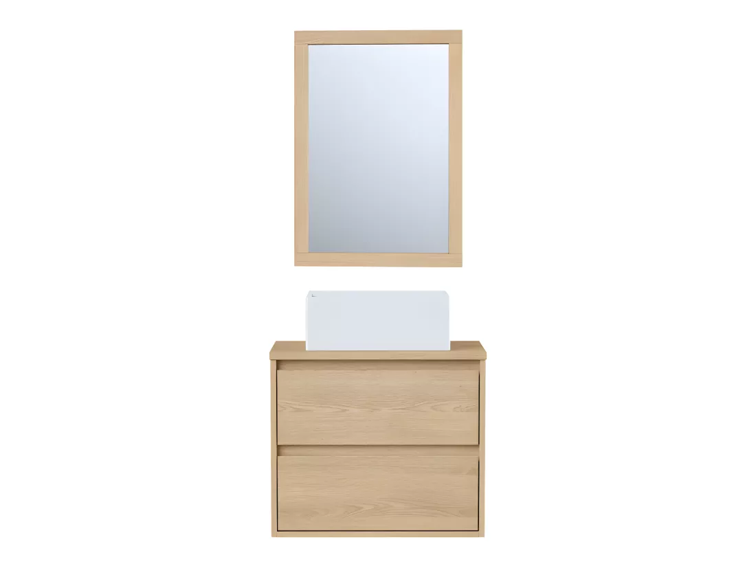 Meuble de salle de bain suspendu avec vasque à poser et miroir - Placage chêne - 60 cm - MILIPAM