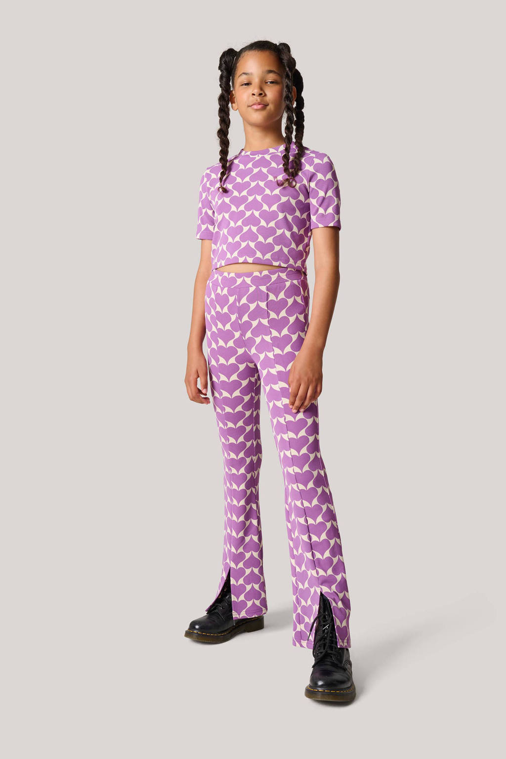 Shoeby flared broek met hartjes paars/offwhite