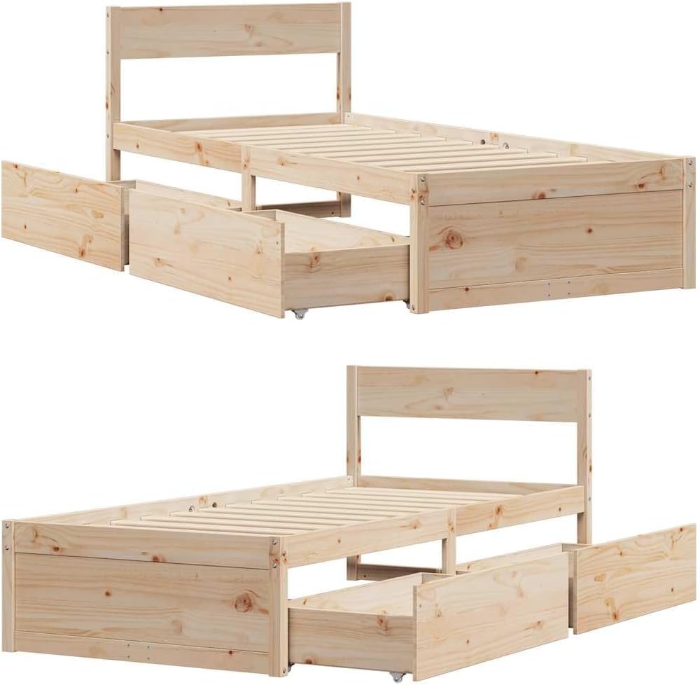 vidaXL Massivholzbett mit Schubladen, Bett mit Kopfteil, Einzelbett für Schlafzimmer, Holzbett Bettgestell, 90x200cm Massivholz Kiefer