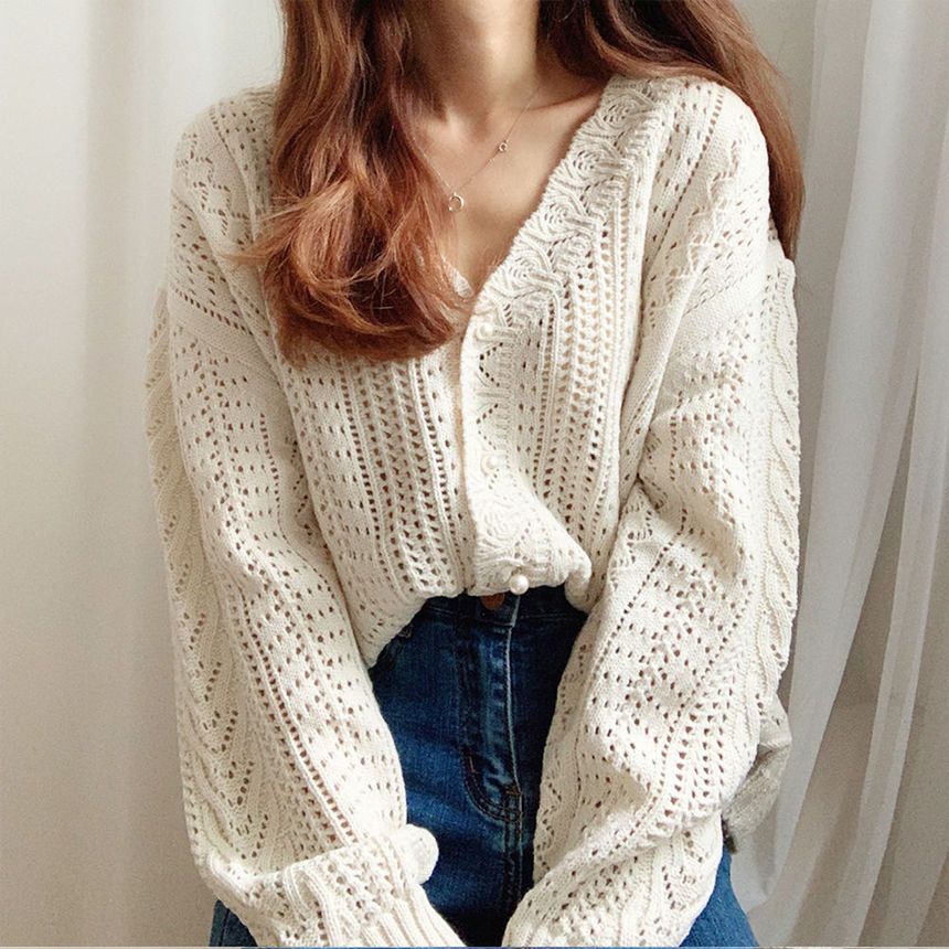 monroll - V-hals pointelle gebreide cardigan