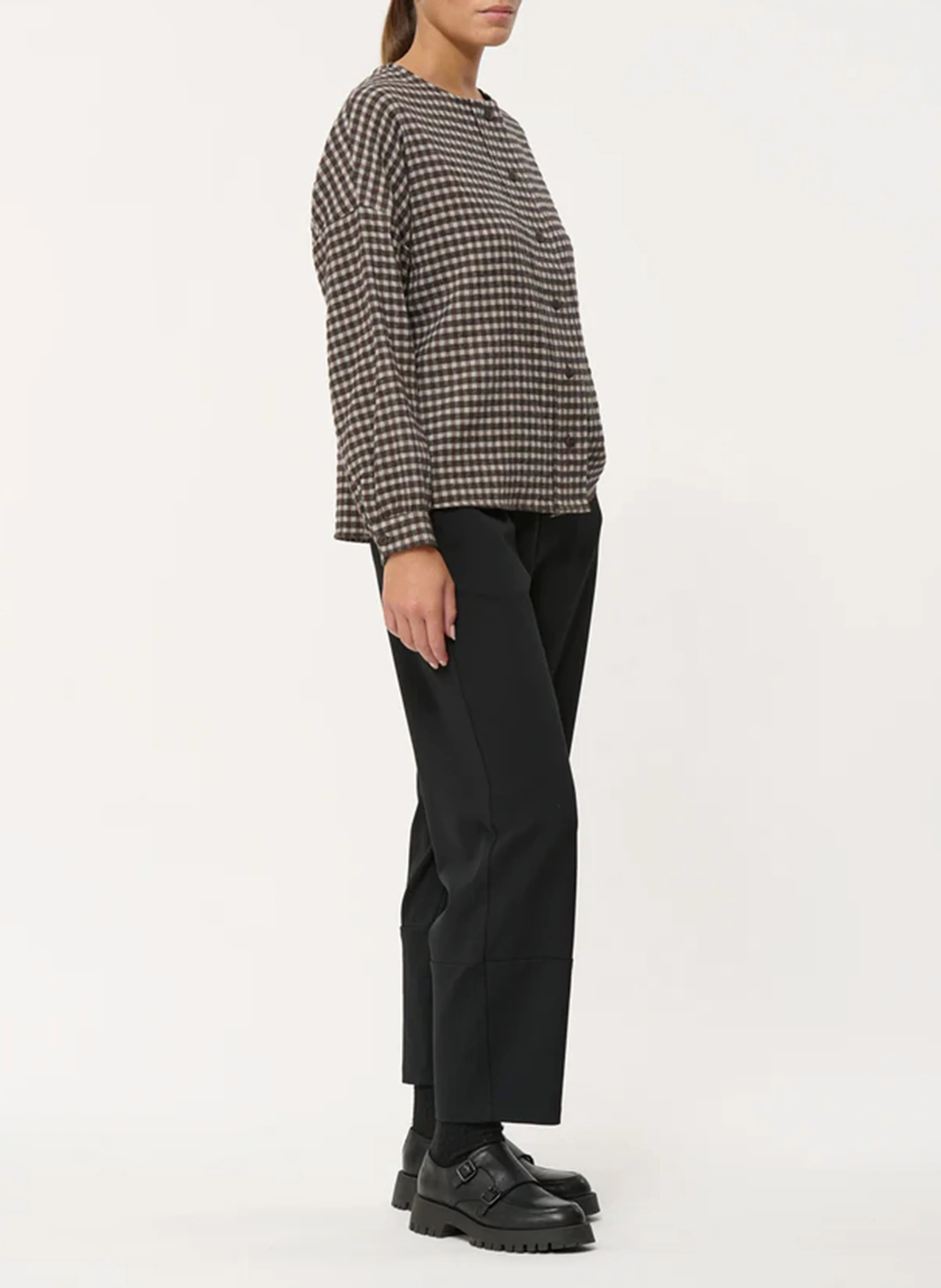 Chemise col rond ample en coton mélangé à carreaux | Marron
